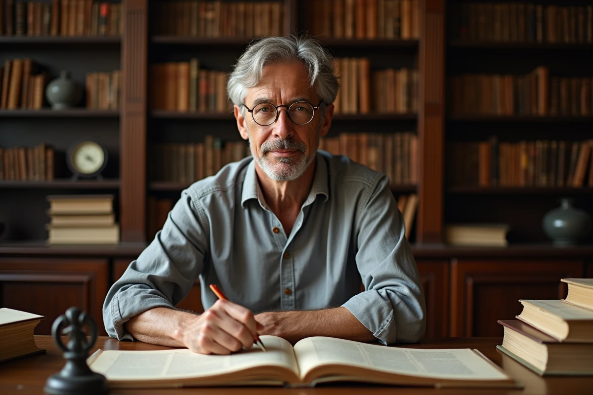 Chercheur en mythologie grecque étudiant des manuscrits anciens sur Hermès dans une bibliothèque universitaire
