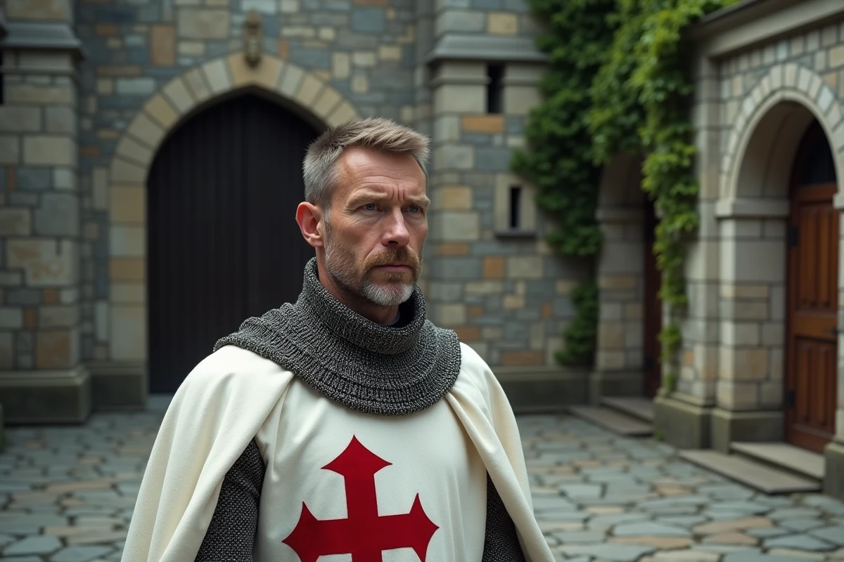 Chevalier Templier en cotte de mailles et surplis blanc avec croix rouge dans une cour de château médiéval