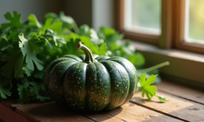 Citrouille verte sur une table en bois rustique entourée de légumes verts