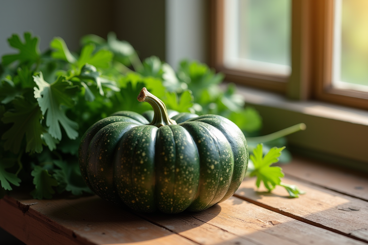 Citrouille verte sur une table en bois rustique entourée de légumes verts