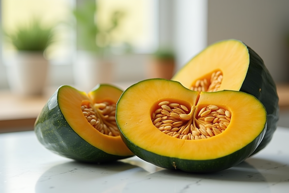 Tranches de citrouille verte sur un plan de travail blanc avec lumière naturelle