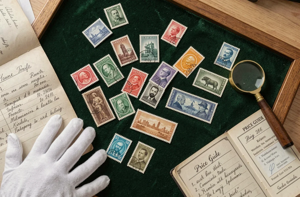 Vue aérienne d'une collection de timbres rares étalés sur velours vert avec loupe, gants blancs et inventaire manuscrit pour estimation avant vente