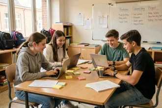 Groupe de collégiens collaborant sur un blog de classe autour d'ordinateurs portables et de tablettes dans une salle de cours