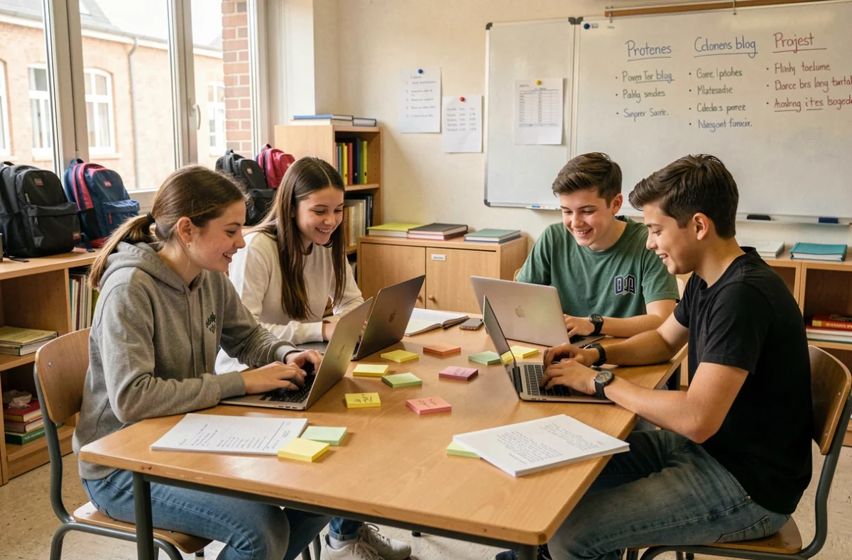 Groupe de collégiens collaborant sur un blog de classe autour d'ordinateurs portables et de tablettes dans une salle de cours