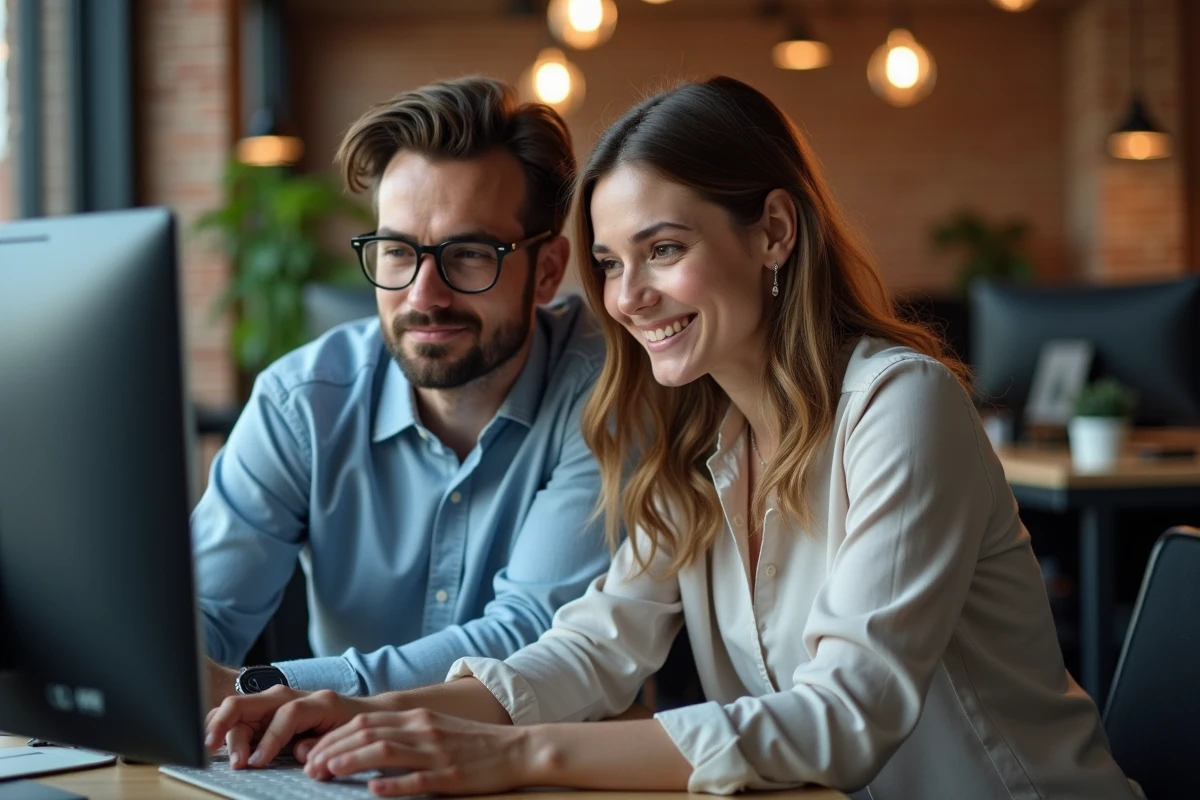 Deux collègues consultant ensemble une adresse URL sur un ordinateur de bureau dans un espace de coworking moderne, illustrant la recherche d'un site sécurisé