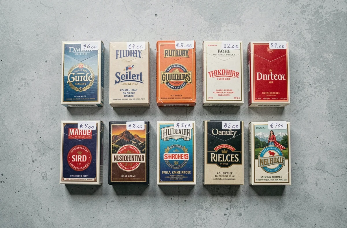 Comparaison de cartouches de cigarettes de différentes marques avec étiquettes de prix en euros sur fond béton