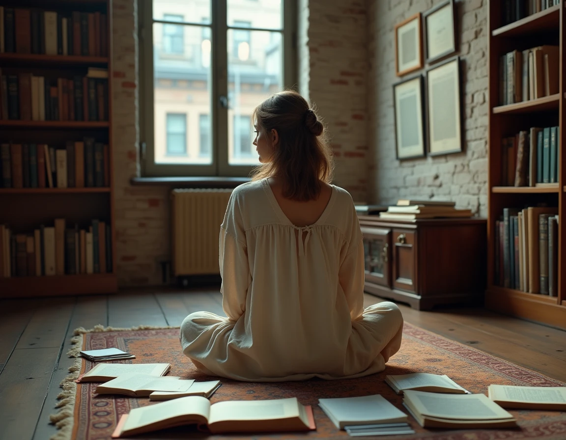 Jeune femme entourée de livres ouverts dans une bibliothèque intime, évoquant la réflexion littéraire et la compréhension d'œuvres clés