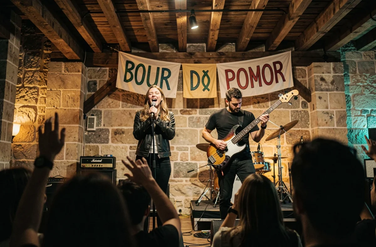 Duo de rock français en concert dans une salle parisienne historique, chanteuse et bassiste sur scène devant un public enthousiaste