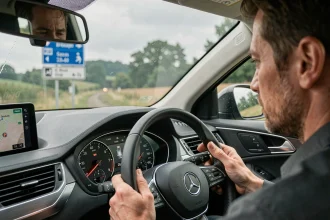 Conducteur regardant un compteur de vitesse affichant 60 km/h dans une voiture européenne moderne, illustration de la conversion 37 mph en km/h