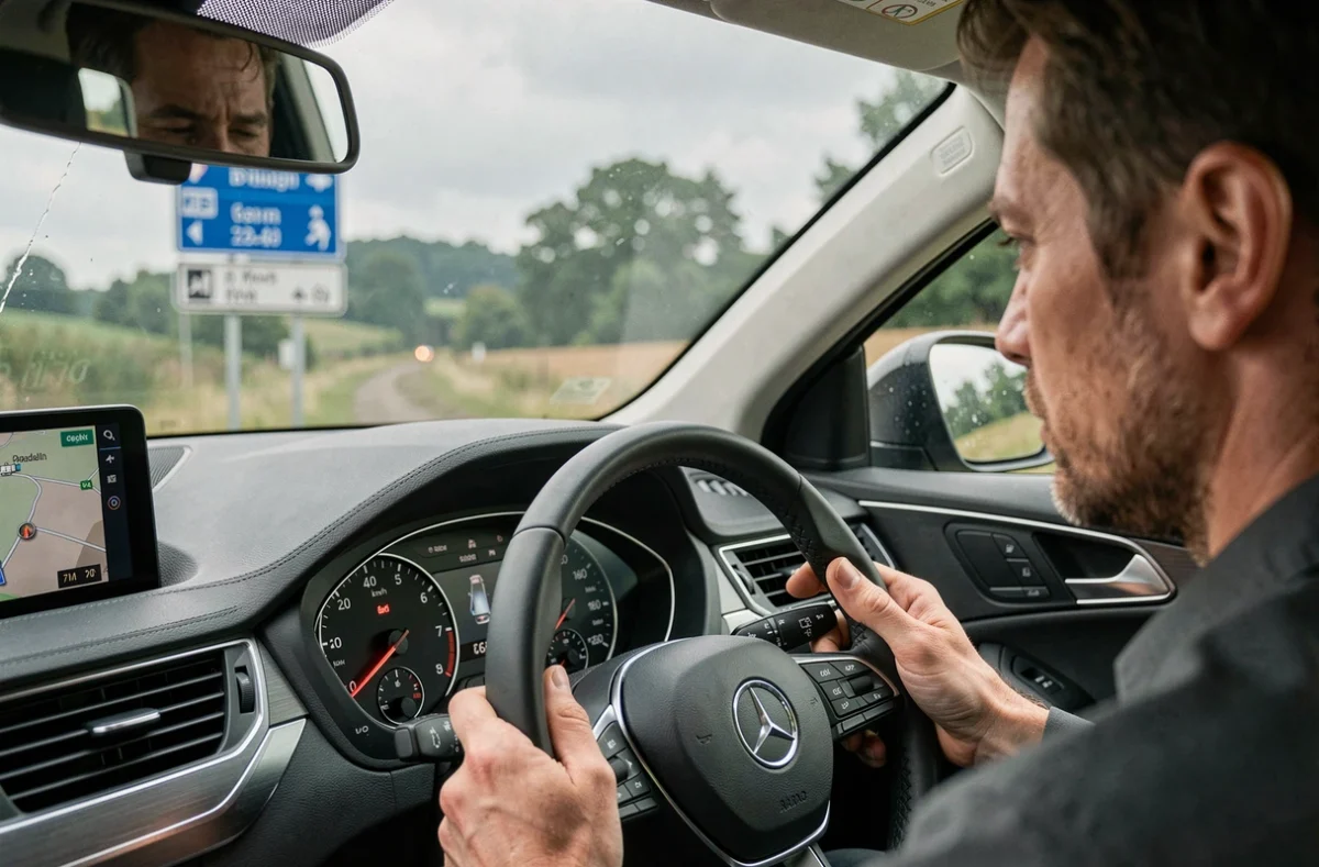 Conducteur regardant un compteur de vitesse affichant 60 km/h dans une voiture européenne moderne, illustration de la conversion 37 mph en km/h