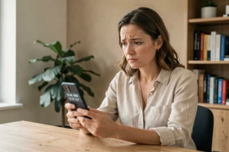Femme perplexe regardant un indicatif téléphonique international sur son smartphone dans un bureau à domicile