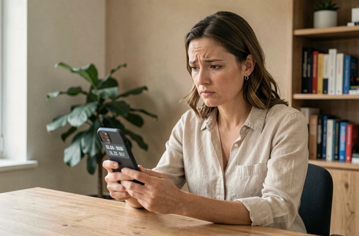 Femme perplexe regardant un indicatif téléphonique international sur son smartphone dans un bureau à domicile