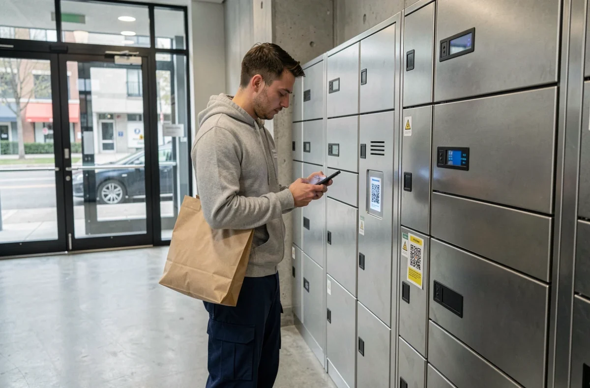 Homme déposant un colis dans une consigne automatique lors d'un déménagement