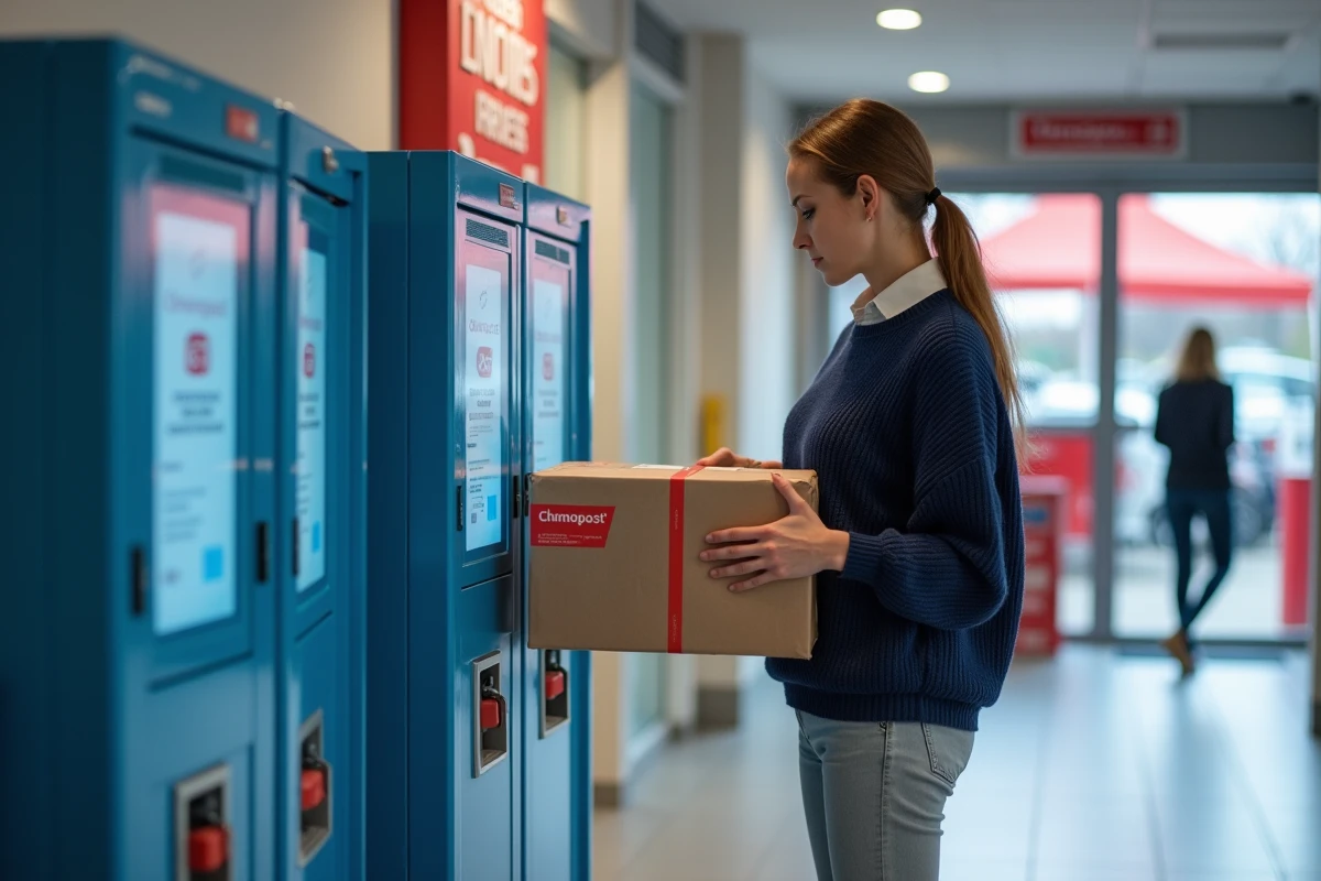 Femme déposant un colis dans une consigne automatique Chronopost en bureau de poste