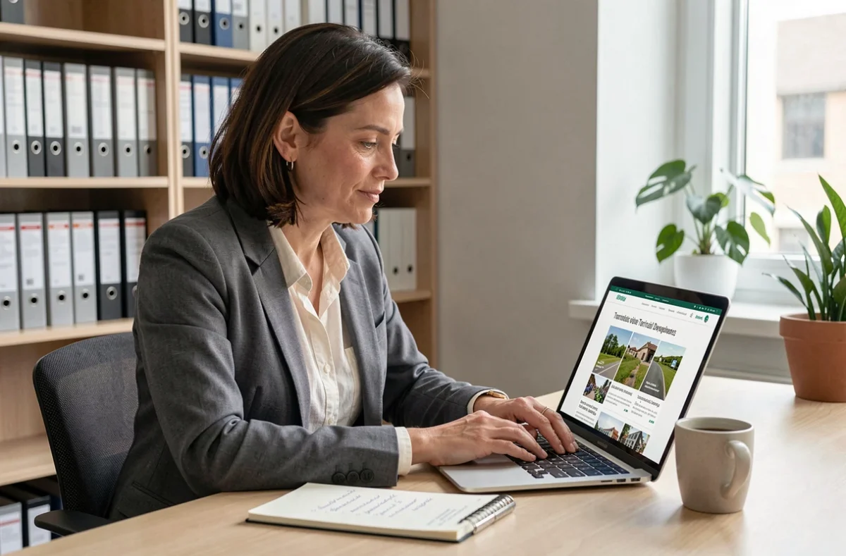 Femme consultante utilisant un blog territorial comme outil de veille et de gouvernance locale dans un bureau municipal