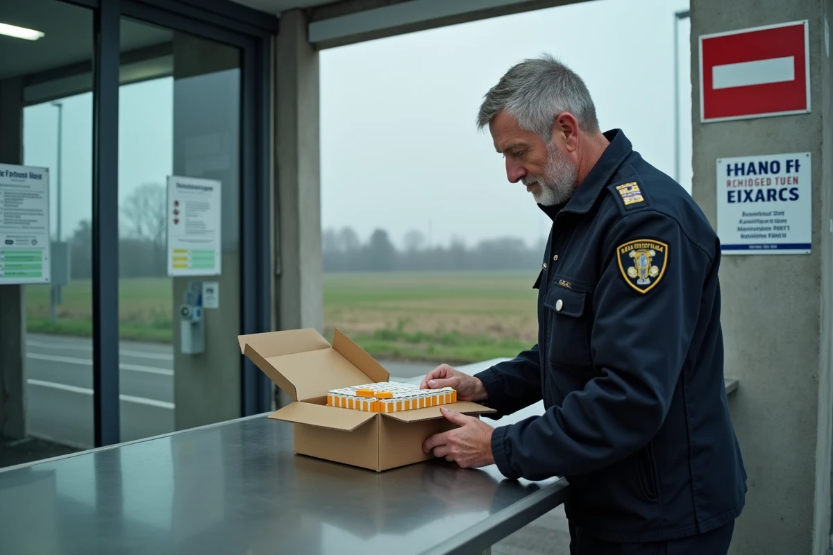 Un douanier belge contrôle des cartouches de cigarettes à un poste frontière lors d'une inspection douanière