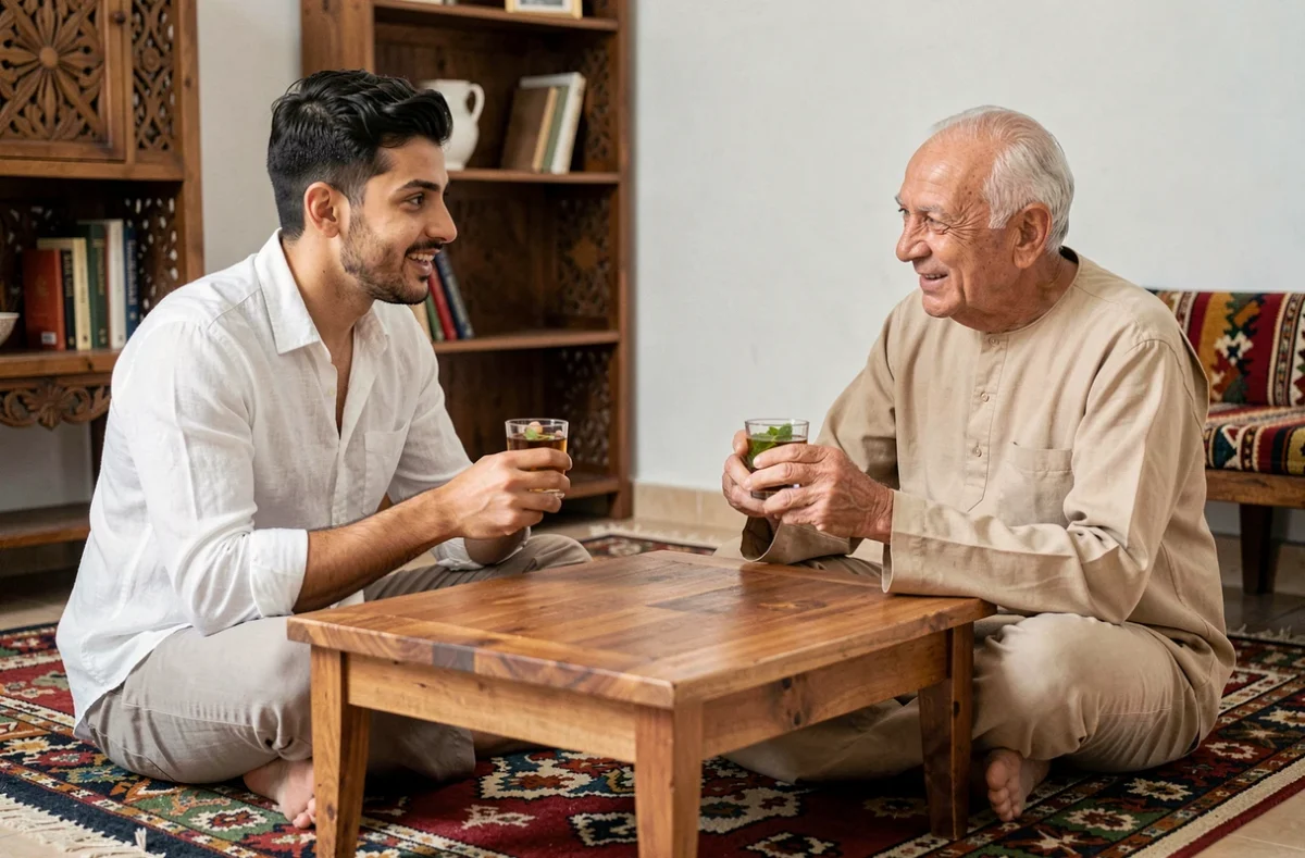 Jeune homme algérien et homme âgé en gandoura partageant un moment de conversation autour d'un thé à la menthe, salon traditionnel avec tapis berbère, échange intergénérationnel chaleureux
