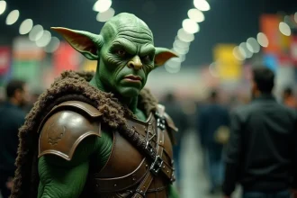 Cosplayer déguisé en gobelin SSS-Rang avec armure en cuir et peau verte texturée lors d'une convention de manga