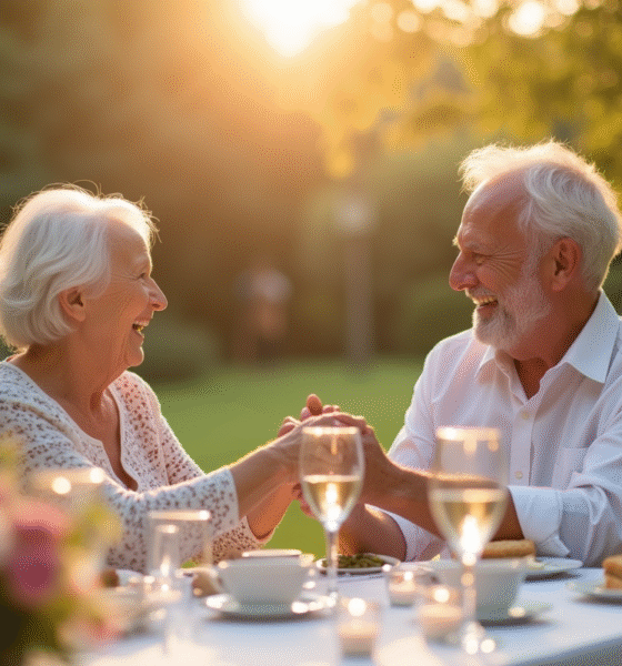 Couple agee heureux main dans la main dans un jardin ensoleille
