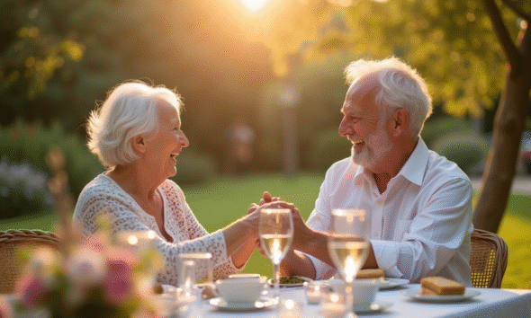 Couple agee heureux main dans la main dans un jardin ensoleille