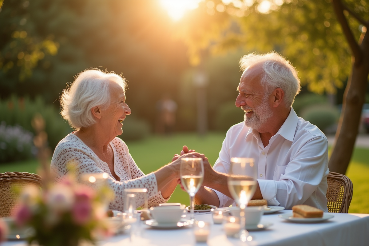 Couple agee heureux main dans la main dans un jardin ensoleille