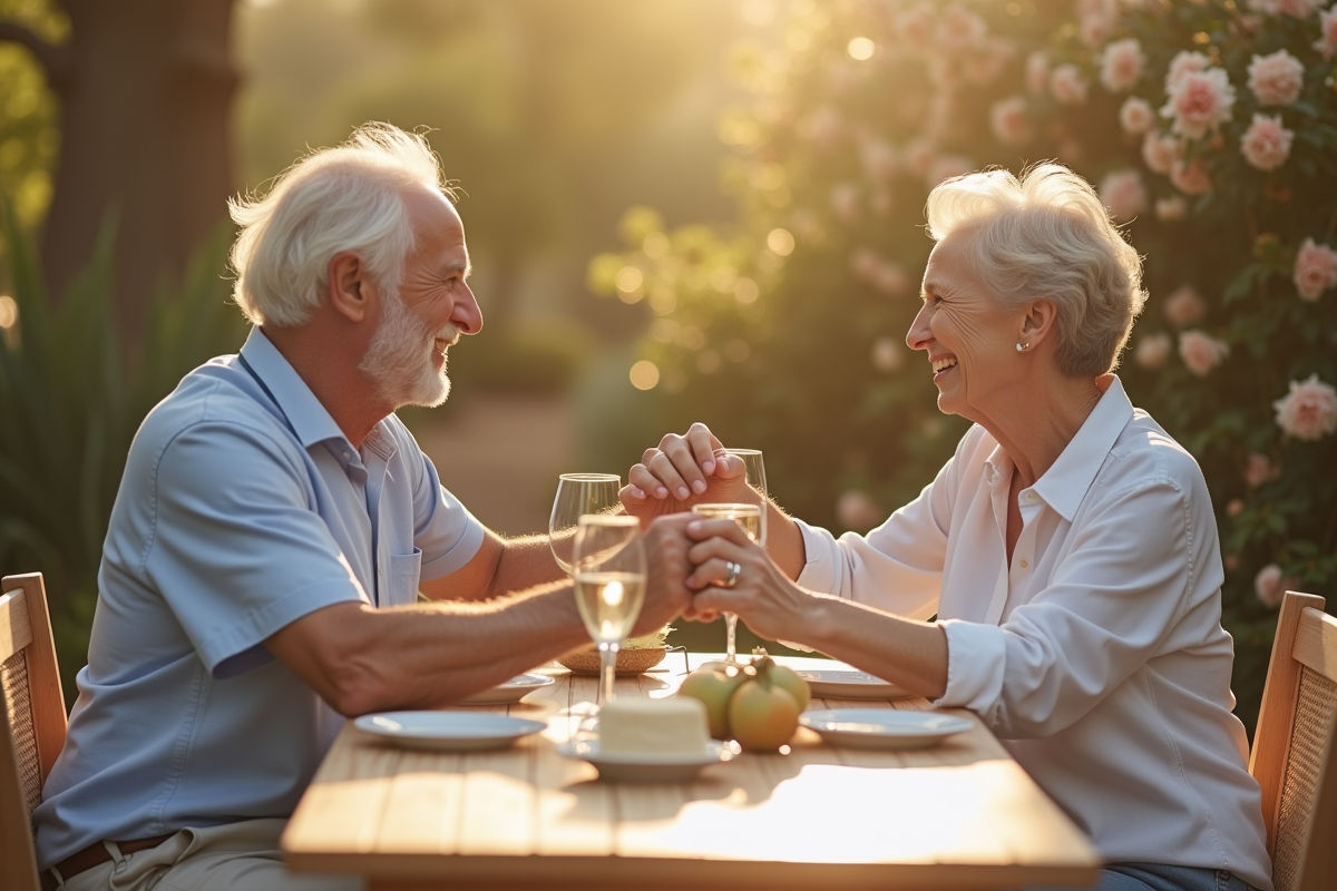 Couple mature souriant lors d'un dîner en plein air