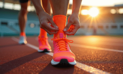 Coureur nouant des chaussettes Kiprun avant course matinale