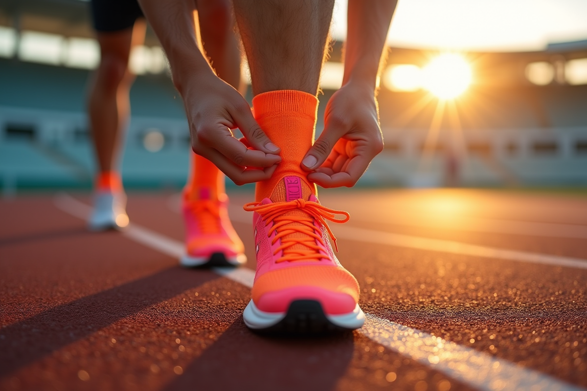 Coureur nouant des chaussettes Kiprun avant course matinale