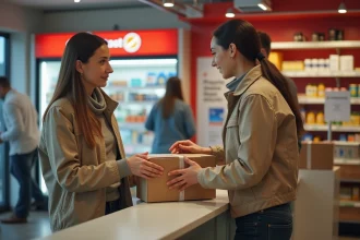 Femme déposant un colis Chronopost à un point de dépôt en magasin de proximité