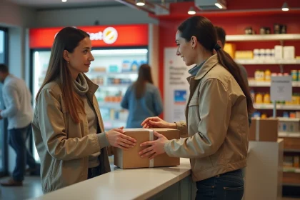 Femme déposant un colis Chronopost à un point de dépôt en magasin de proximité