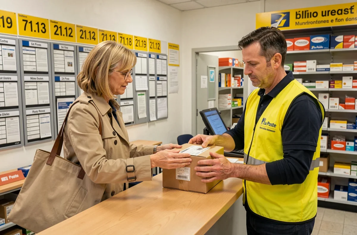 Femme déposant un colis Vinted Go à La Poste pendant un déménagement