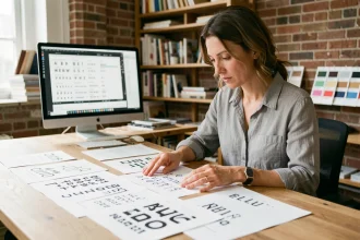 Designer graphique comparant des échantillons de polices de caractères sur une table de studio moderne
