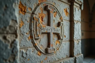 Gravure médiévale en pierre avec inscription latine et croix des Templiers sur mur de chapelle romane
