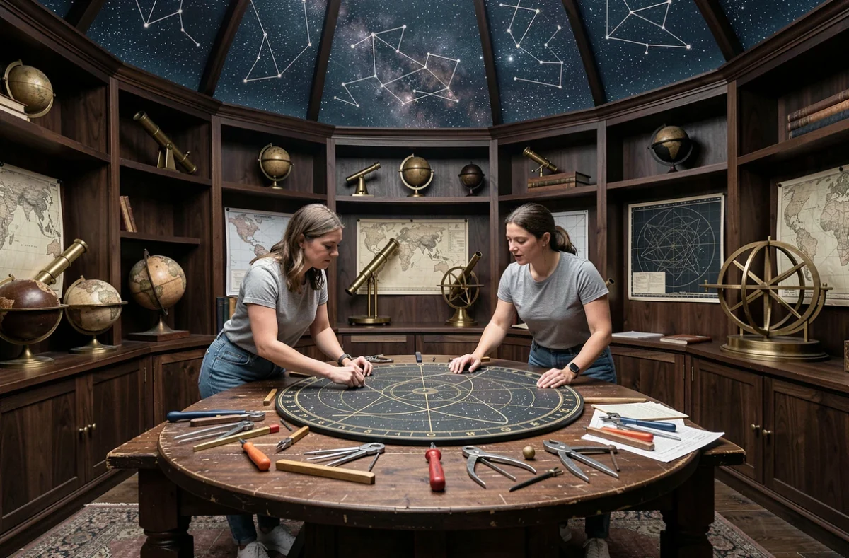 Deux joueuses résolvant une énigme astronomique dans le décor de l'Eclipsium escape game Nantes