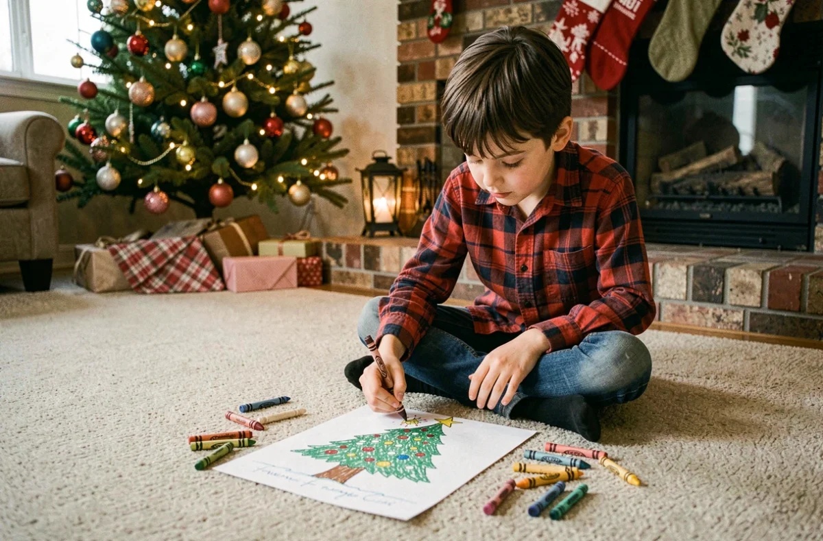 Enfant coloriant un dessin de Noël imprimé gratuitement sur le sol du salon