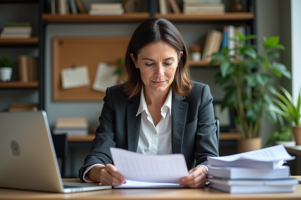 Professeure examine des essais dans un bureau organisé