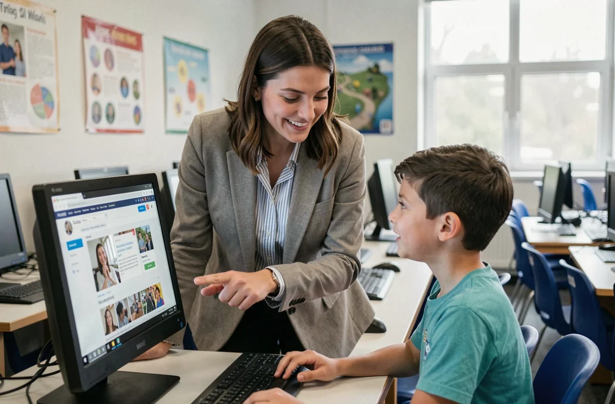 Enseignante guidant un élève dans la création d'un blog scolaire en salle informatique