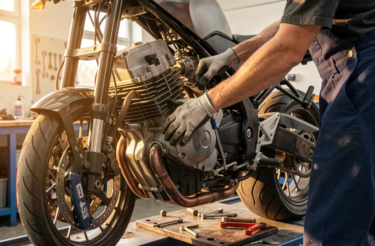 Entretien d'une moto sur un pont élévateur en atelier