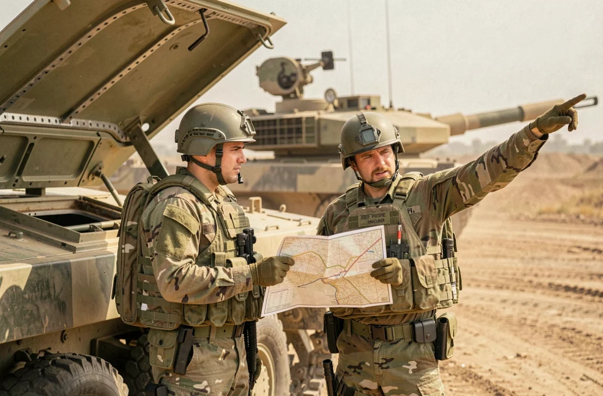 Deux membres d'équipage en tenue de combat discutant d'une manœuvre tactique près du char Leclerc lors d'un entraînement sur terrain poussiéreux