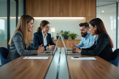 Groupe de quatre professionnels en réunion collaborative moderne