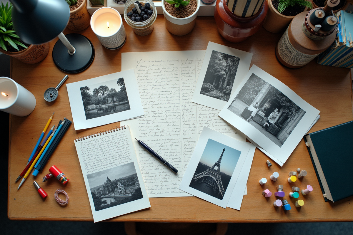 Bureau créatif avec notes et fournitures artistiques