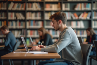Étudiant universitaire concentré sur son ordinateur dans une bibliothèque