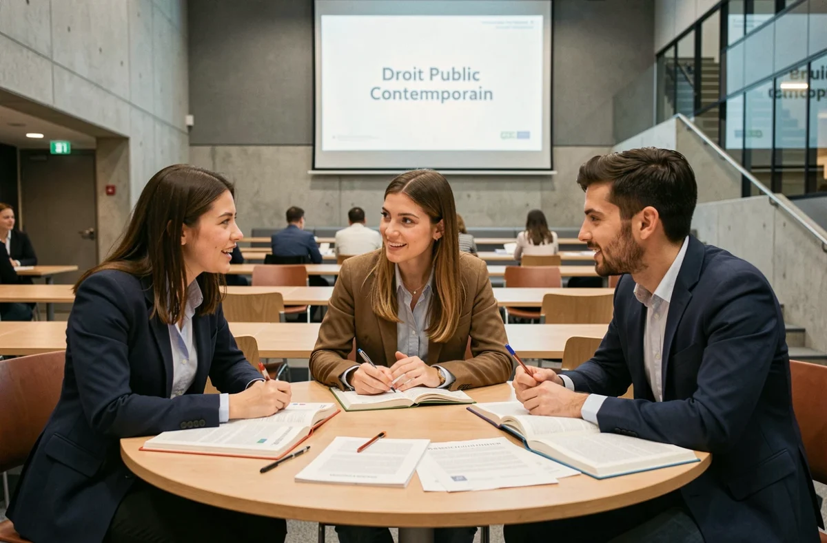 Étudiants en droit public discutant de textes juridiques dans une salle de séminaire universitaire