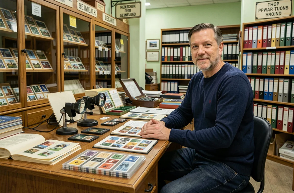 Un homme fait évaluer une collection de timbres par un expert philatéliste dans une boutique spécialisée avec loupe et catalogue de cotation