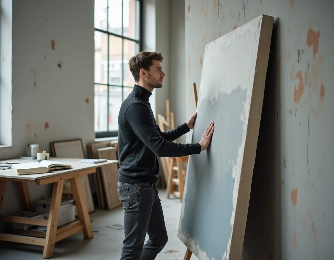 Jeune artiste en studio minimaliste, la main suspendue devant une grande toile, évoquant la philosophie artistique et l'expérience sensorielle du monde dans L'Extase matérielle de Le Clézio