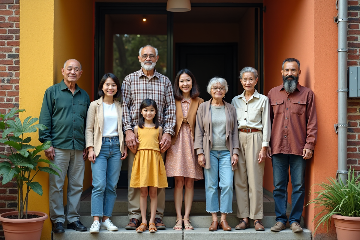 Famille multigeneration dans la rue avec tenues culturelles