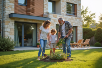 Famille dans le jardin d'une maison moderne en banlieue