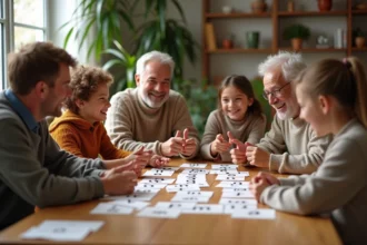 Famille multigenerational jouant à des jeux de mots ensemble