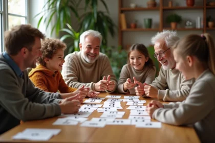Famille multigenerational jouant à des jeux de mots ensemble