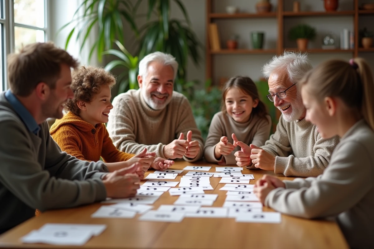 Famille multigenerational jouant à des jeux de mots ensemble
